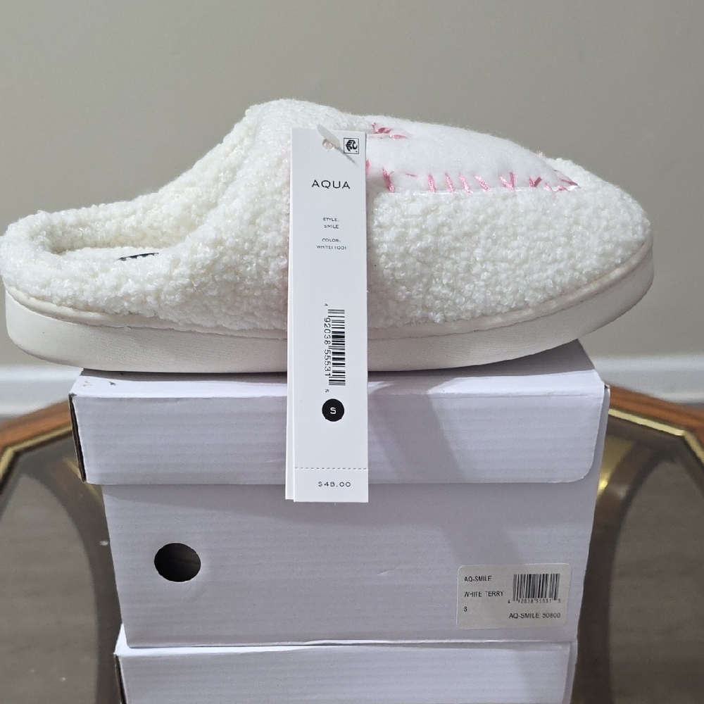 Aqua Cozy White Slippers with Pink Accents